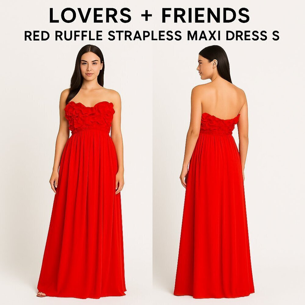 Lovers + Friends Red Ruffle Strapless Maxi Dress S